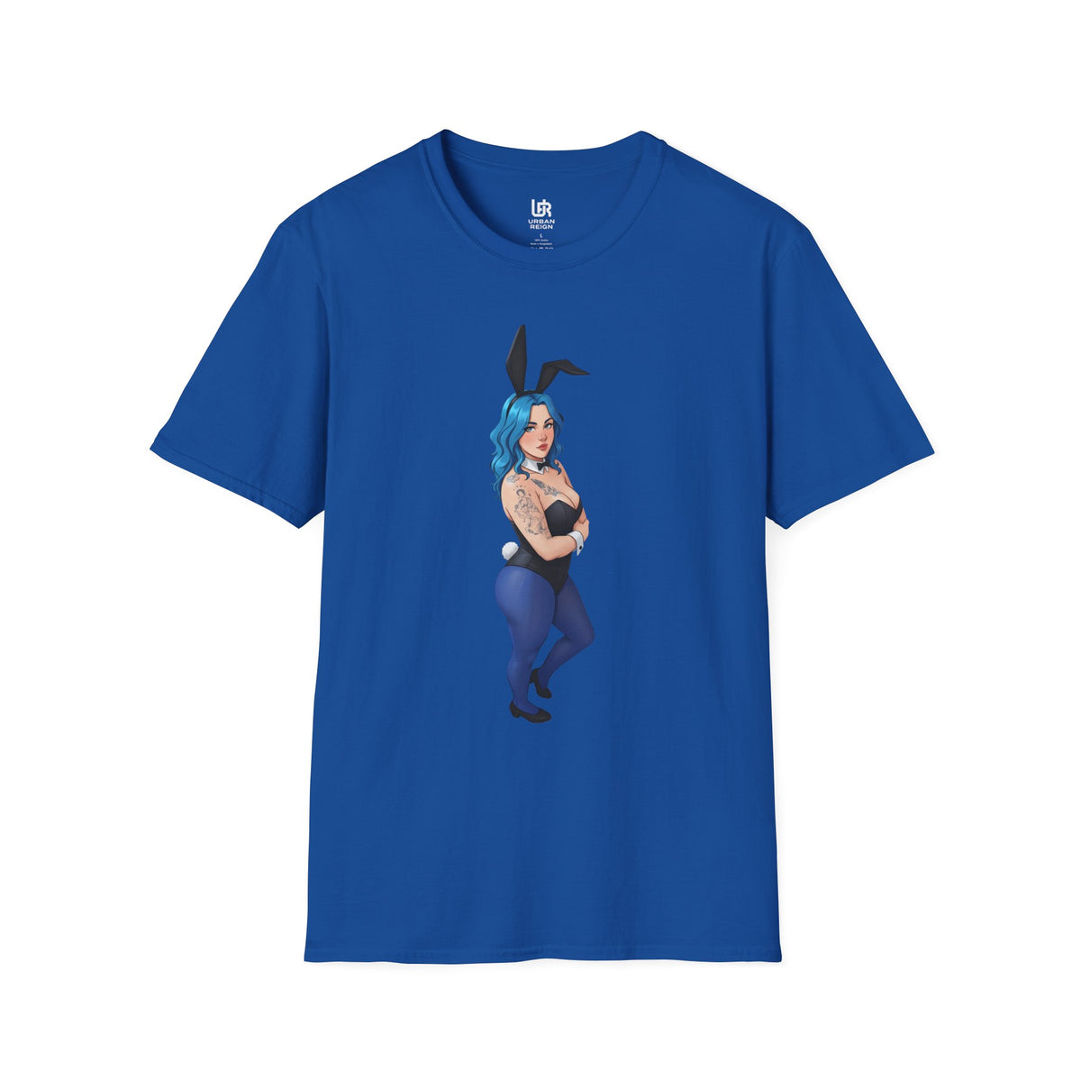 Bunny Girl Tattoo Illustration T-Shirt — Blue Pinup Graphic Tee