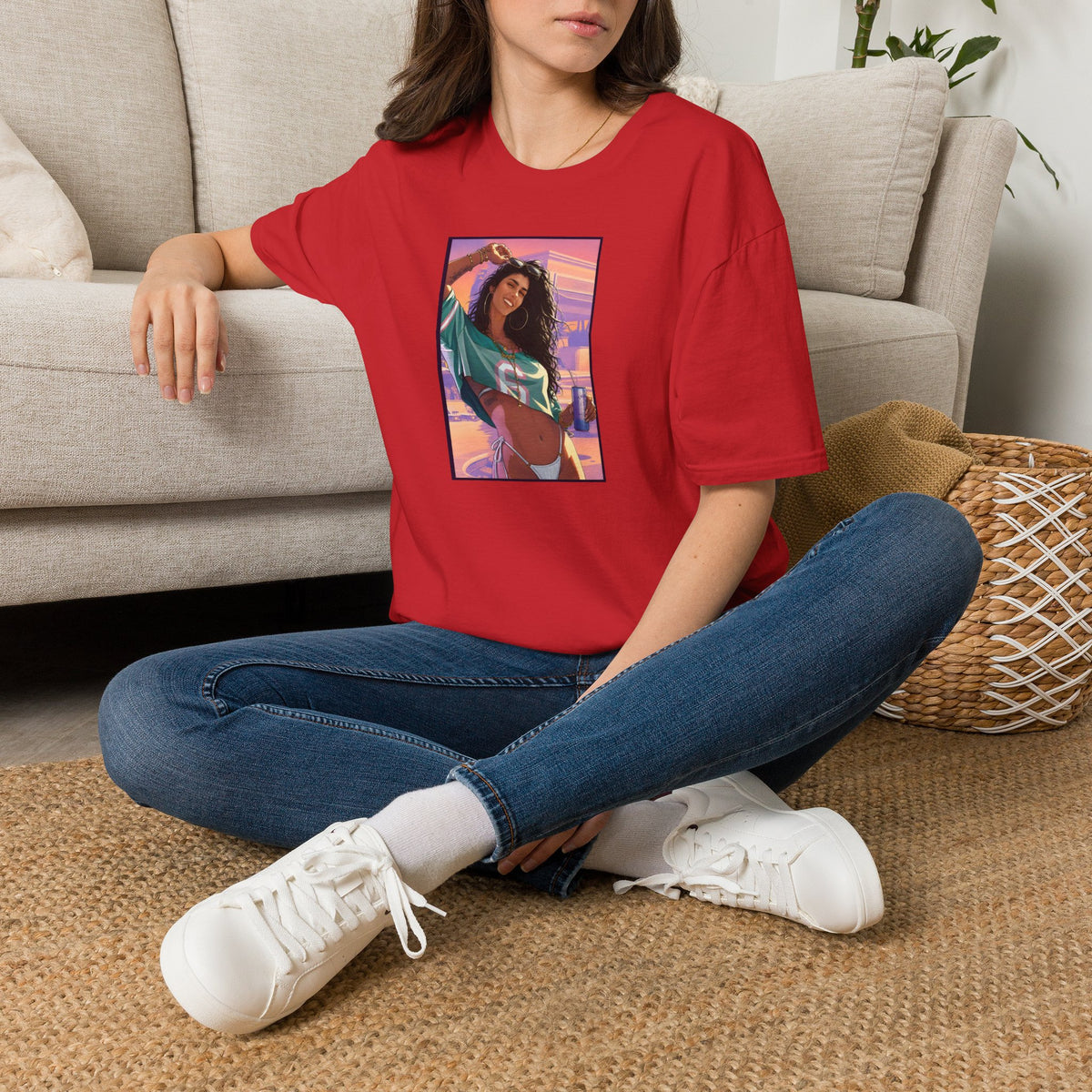 Sunset Vibes Graphic T-Shirt — Retro Sunset Girl Illustration Tee
