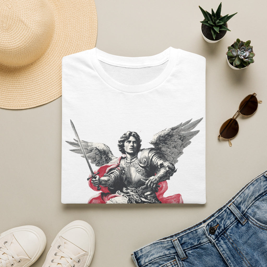 Angel Warrior T-Shirt — Archangel Illustration with Sword and Red Cloak