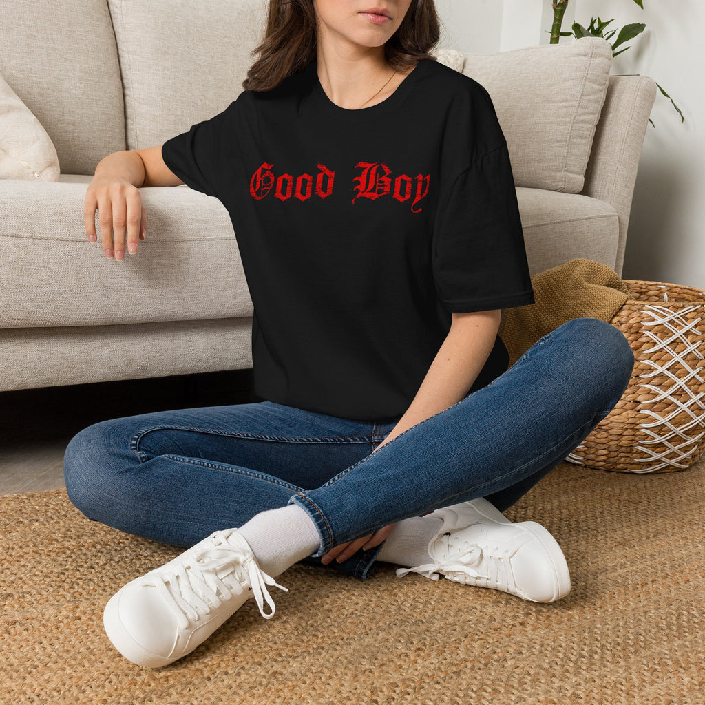 Good Boy Gothic T-Shirt — Red Old English Script Tee