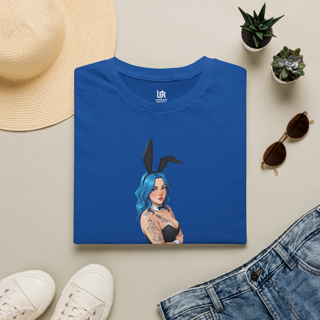 Bunny Girl Tattoo Illustration T-Shirt — Blue Pinup Graphic Tee