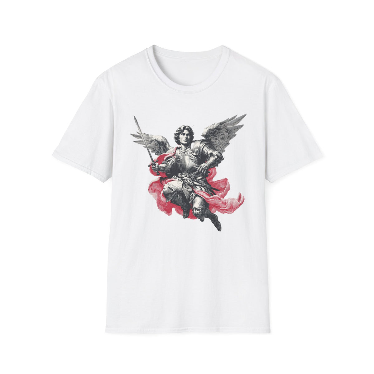 Angel Warrior T-Shirt — Archangel Illustration with Sword and Red Cloak