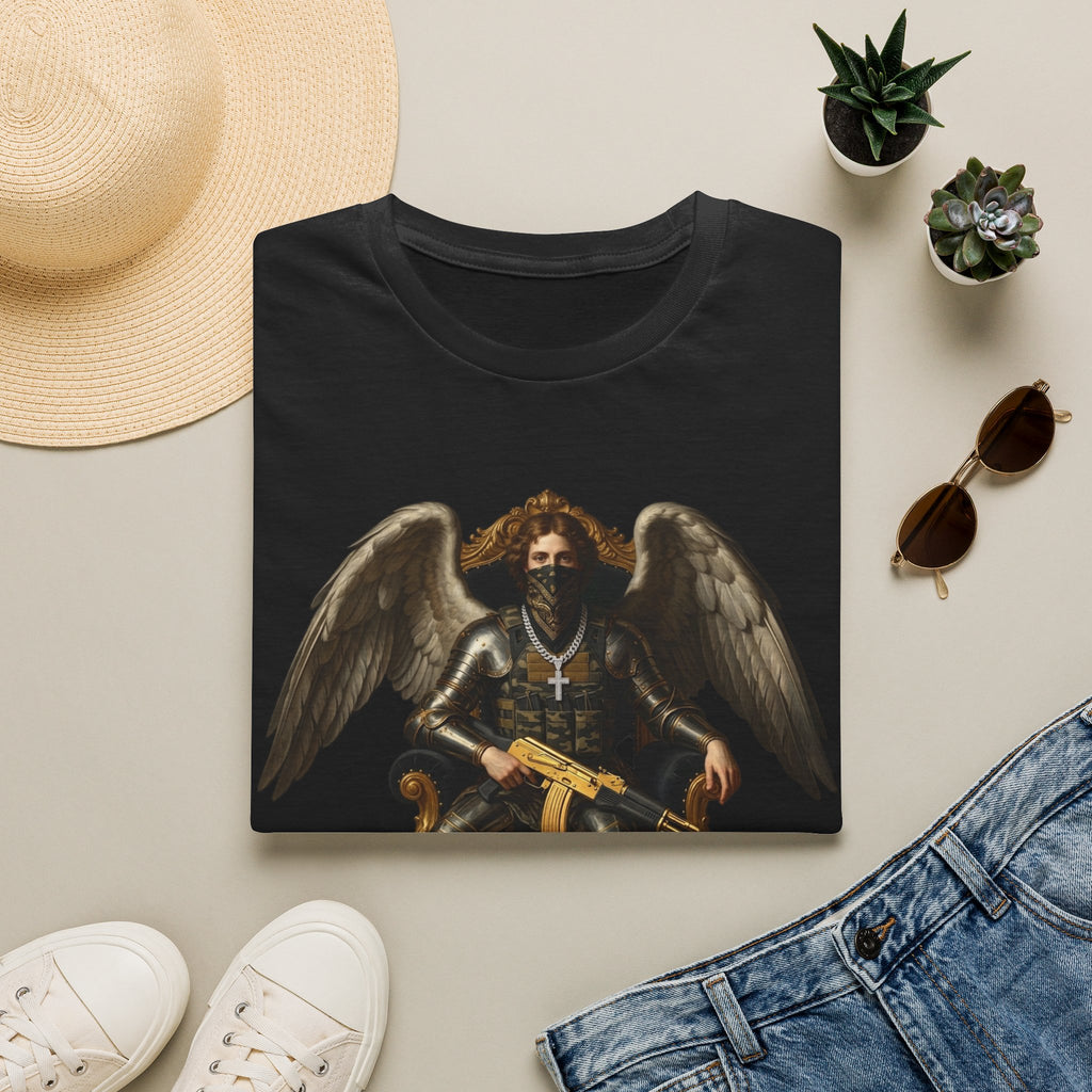 Angel of Justice Graphic T-Shirt — Gothic Winged Angel with Cross & Gold Rifle