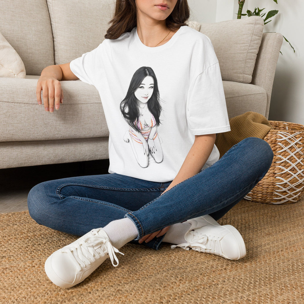 Portrait Graphic T‑Shirt — Soft Black & White Illustration