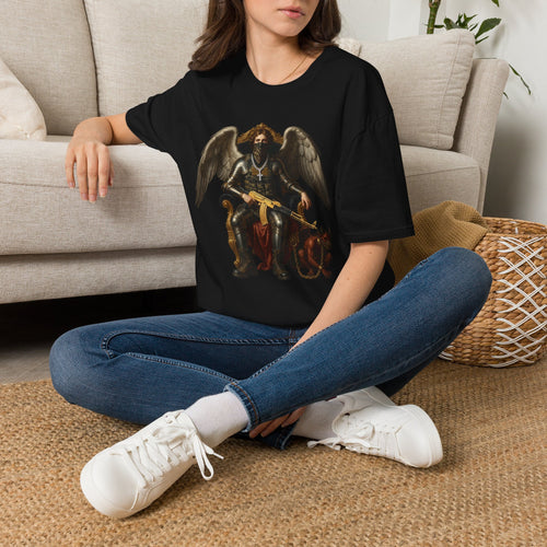 Angel of Justice Graphic T-Shirt — Gothic Winged Angel with Cross & Gold Rifle