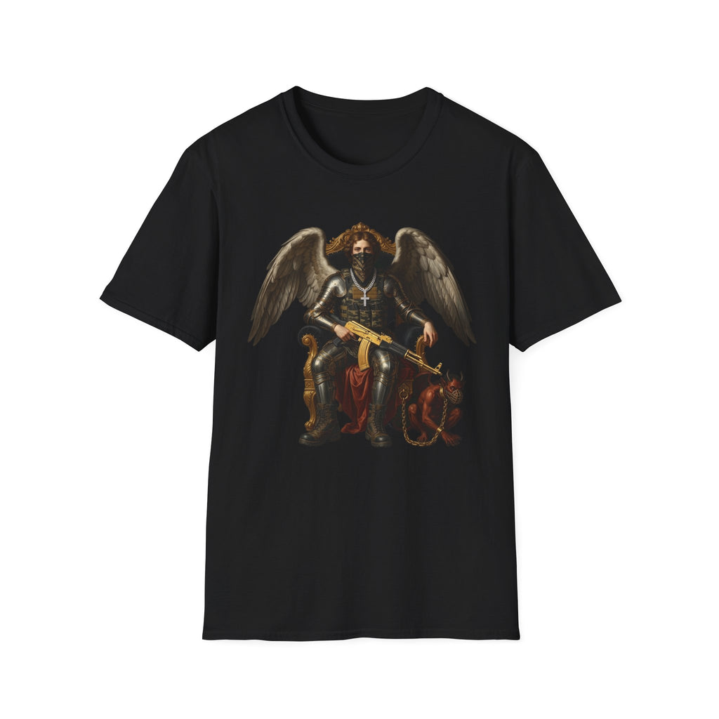 Angel of Justice Graphic T-Shirt — Gothic Winged Angel with Cross & Gold Rifle