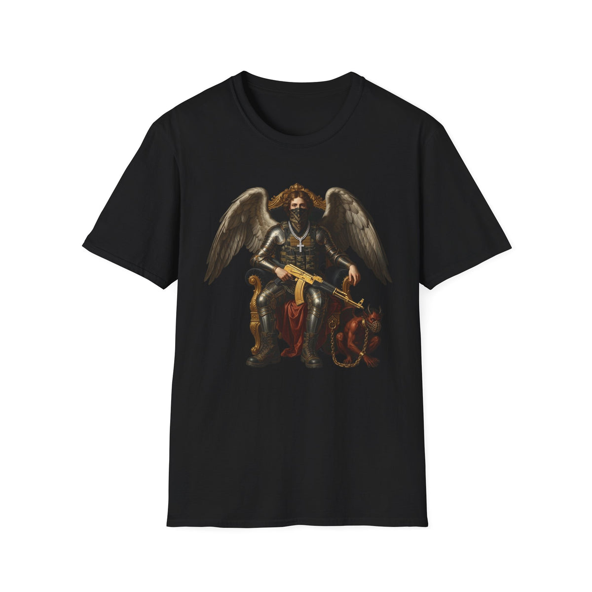 Angel of Justice Graphic T-Shirt — Gothic Winged Angel with Cross & Gold Rifle
