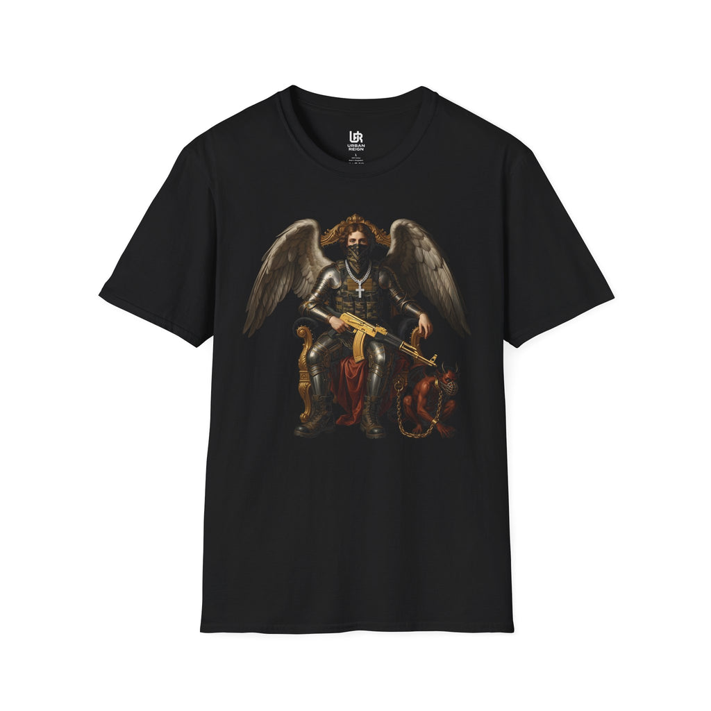 Angel of Justice Graphic T-Shirt — Gothic Winged Angel with Cross & Gold Rifle