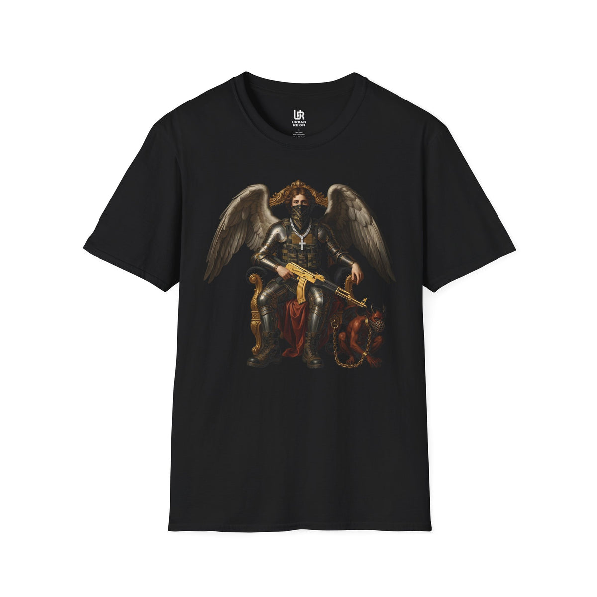 Angel of Justice Graphic T-Shirt — Gothic Winged Angel with Cross & Gold Rifle