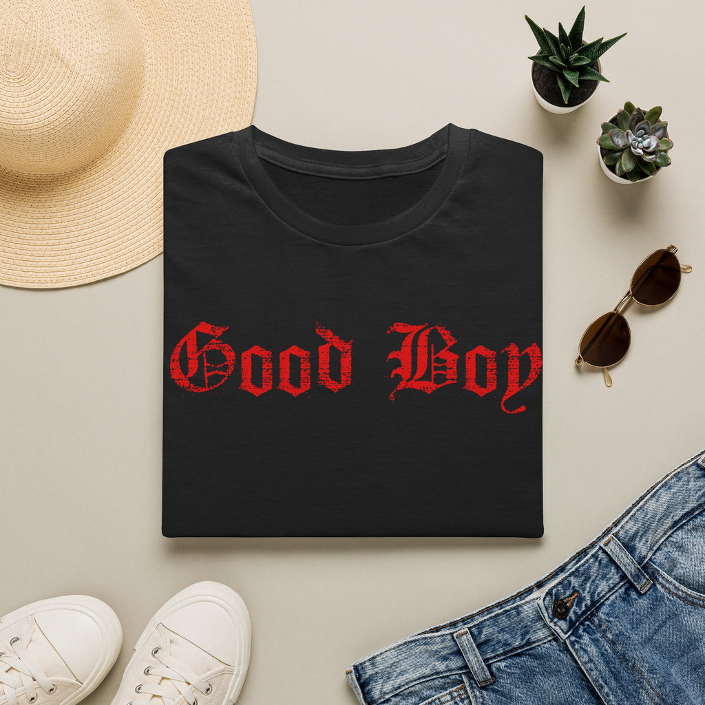 Good Boy Gothic T-Shirt — Red Old English Script Tee