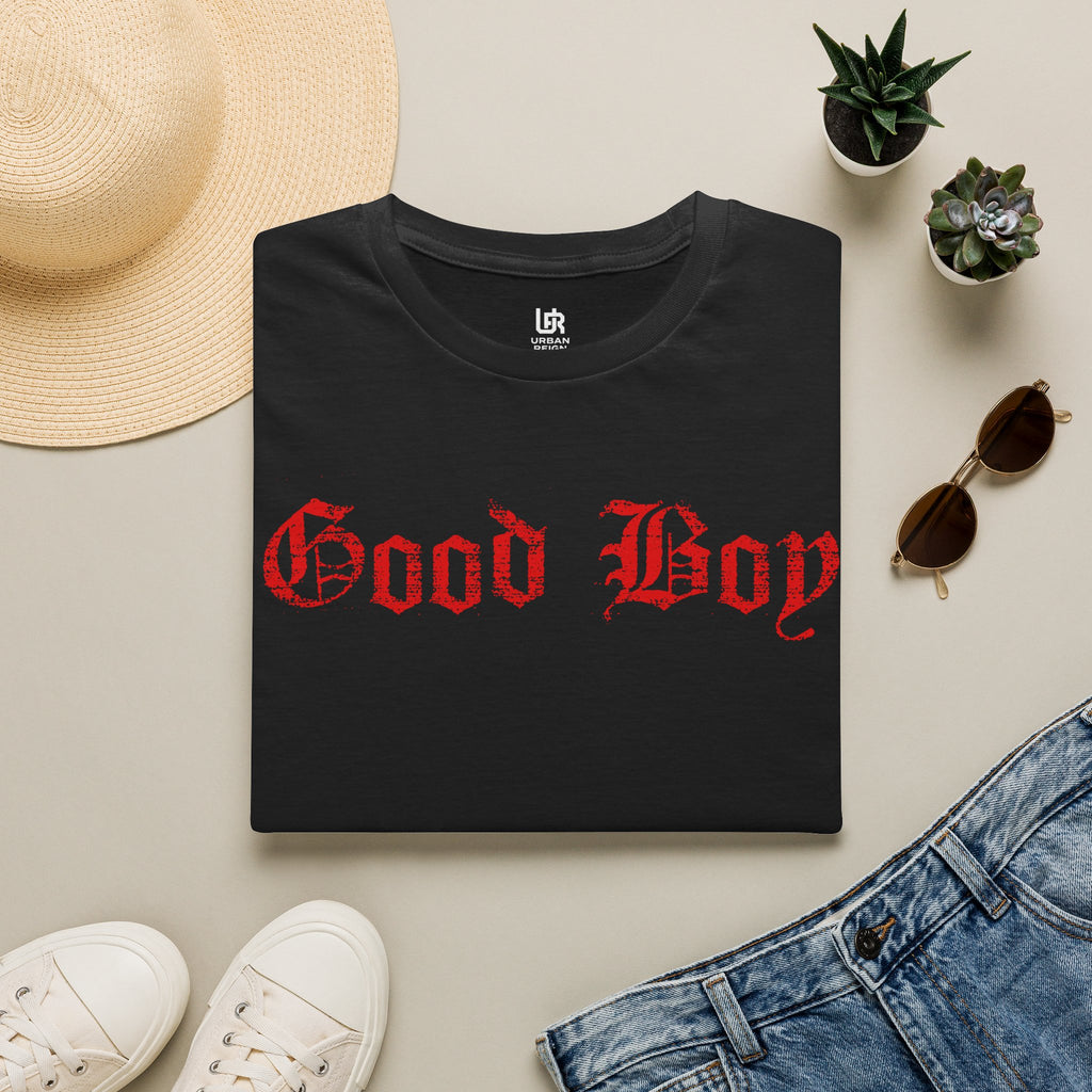 Good Boy Gothic T-Shirt — Red Old English Script Tee