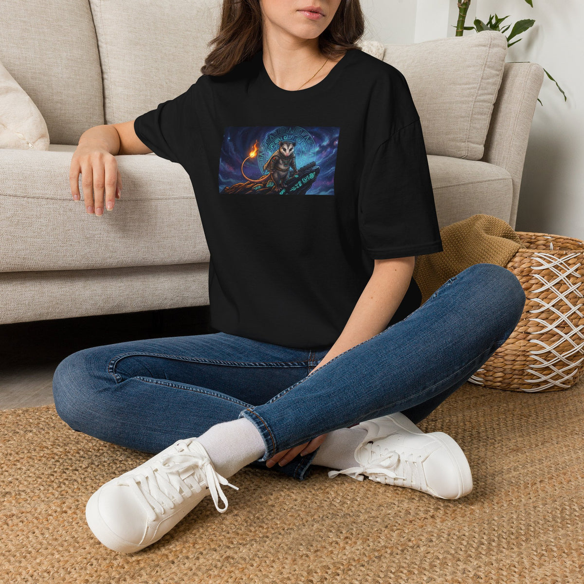 Mystic Owl Mage T-Shirt — Fantasy Night Sky Owl with Glowing Staff